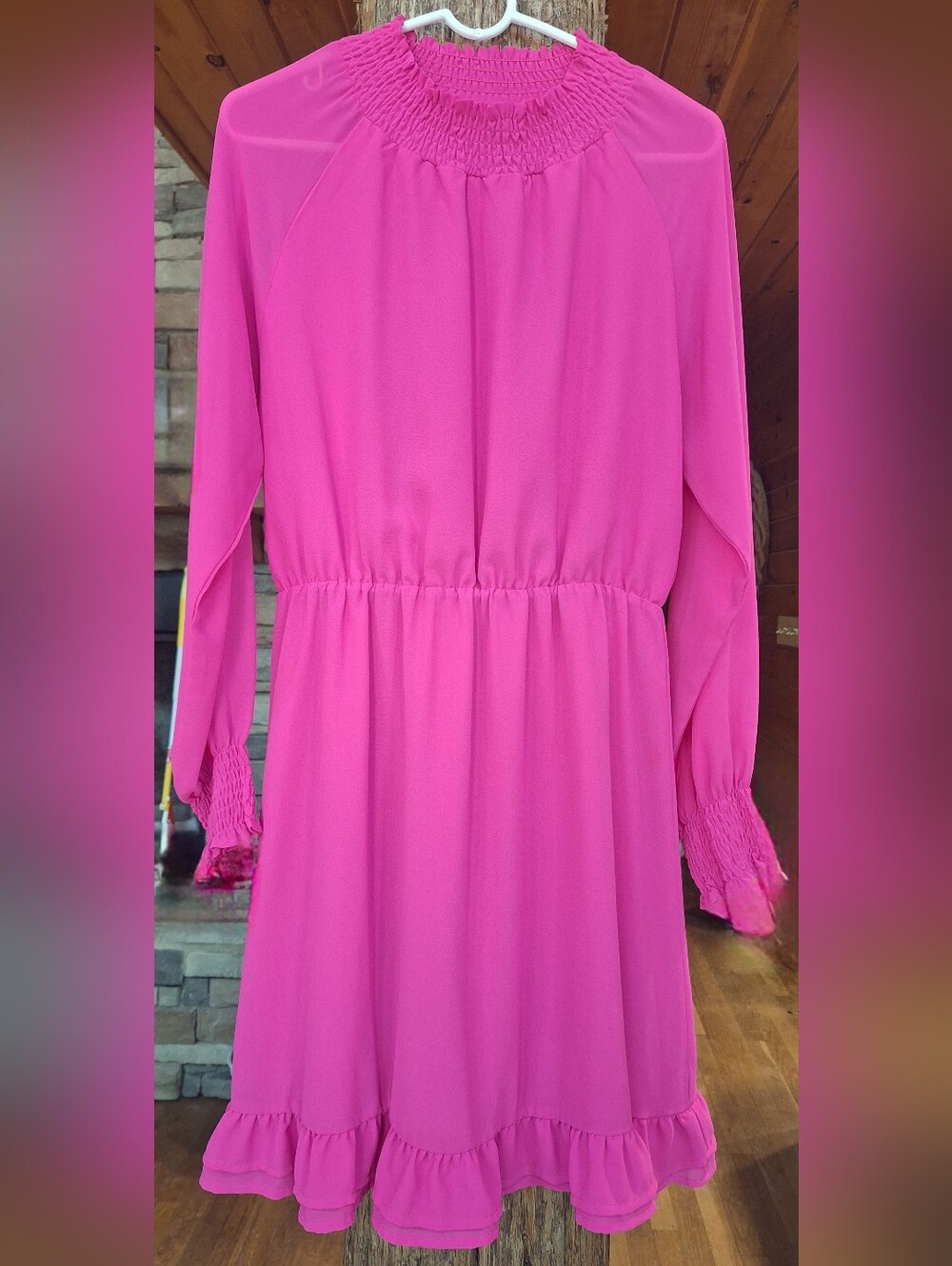 Ladies Smocked Neck Hot Pink Casual Dress
